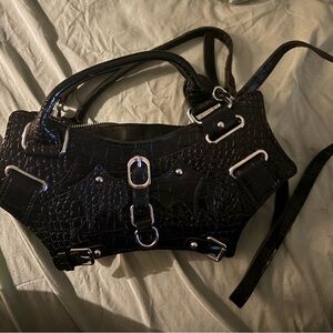 Black Croc-Embossed Buckle Shoulder Bag - Women's